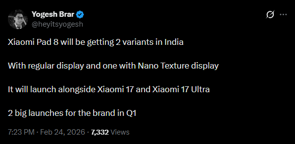 Xiaomi Pad 8 India Launch Confirmed With Two Display Variants, Nano Texture Model Tipped