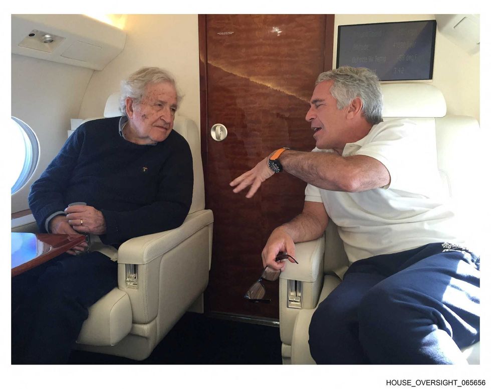 philosopher noam chomsky and jeffrey epstein appear in this undated handout photo from the estate of the late financier and conv