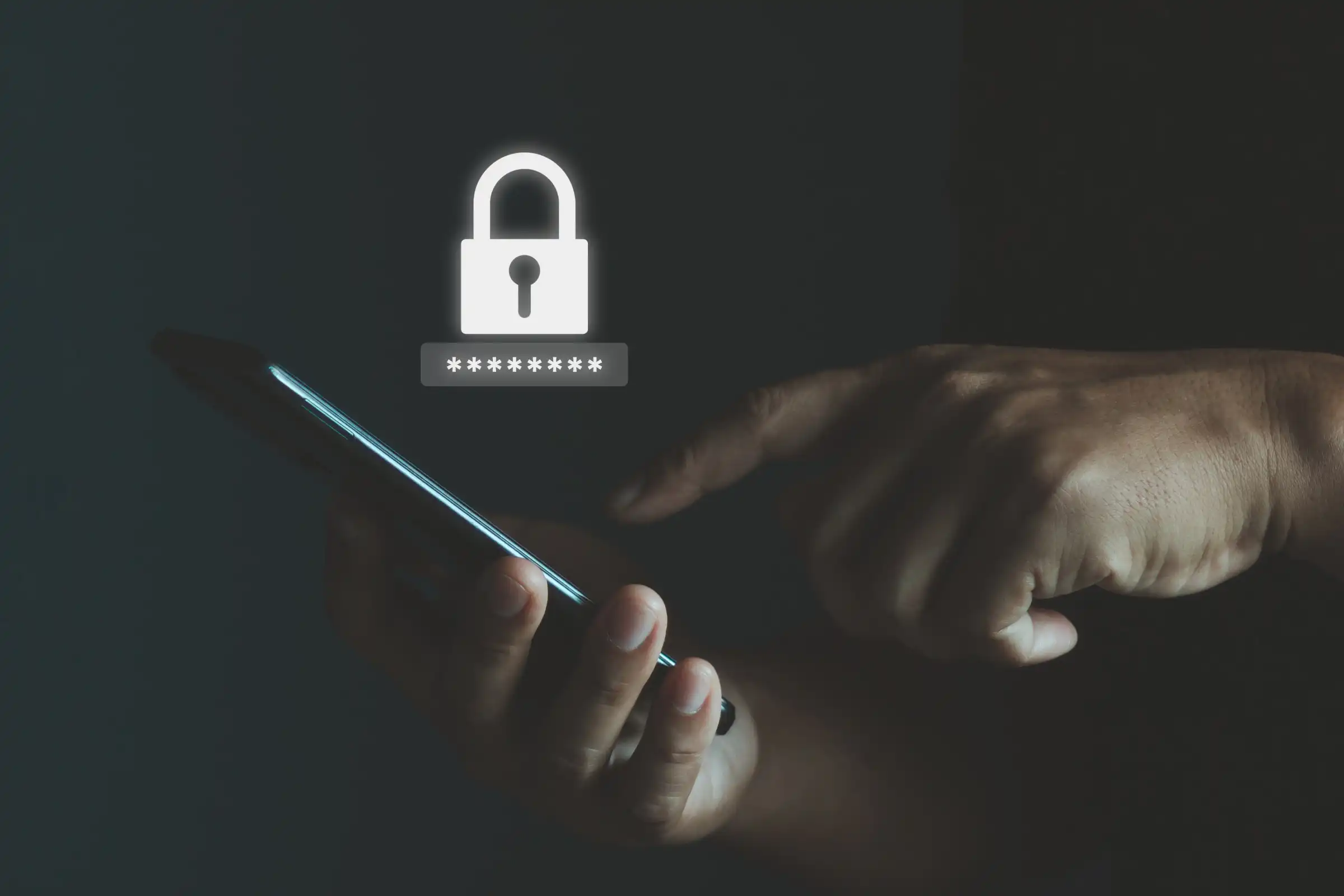 Man holding phone with password security lock icon